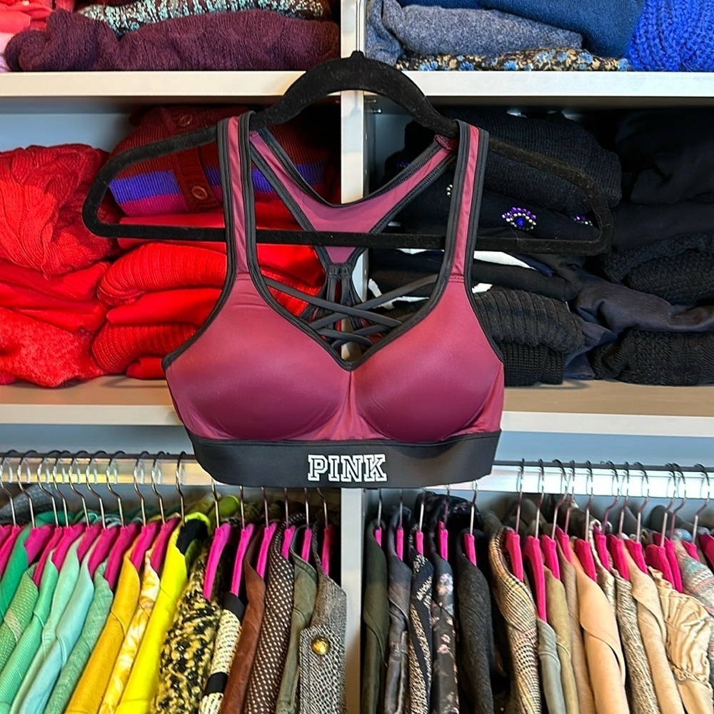 PINK Ultimate maroon and black racerback sports bra size S NWOT